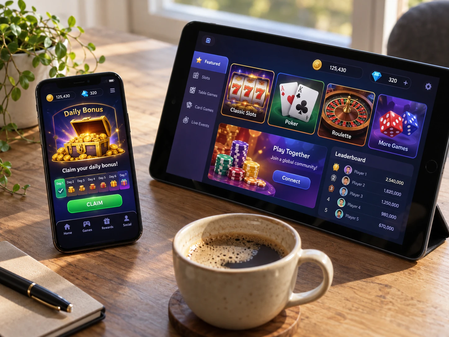 Смартфон и планшет с интерфейсами daily bonus и social casino активностей