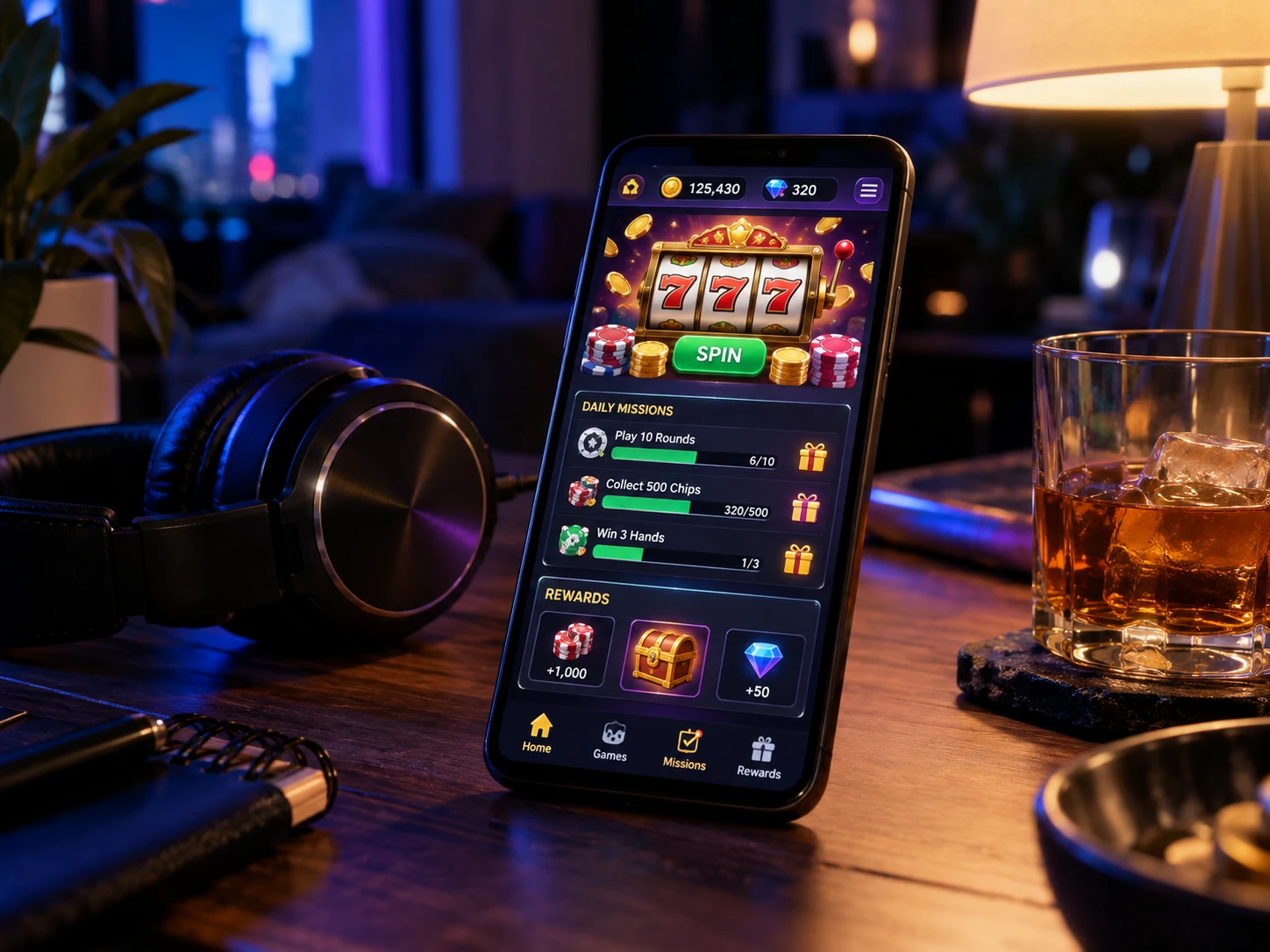 Ночной сетап с телефоном и social casino игрой на столе